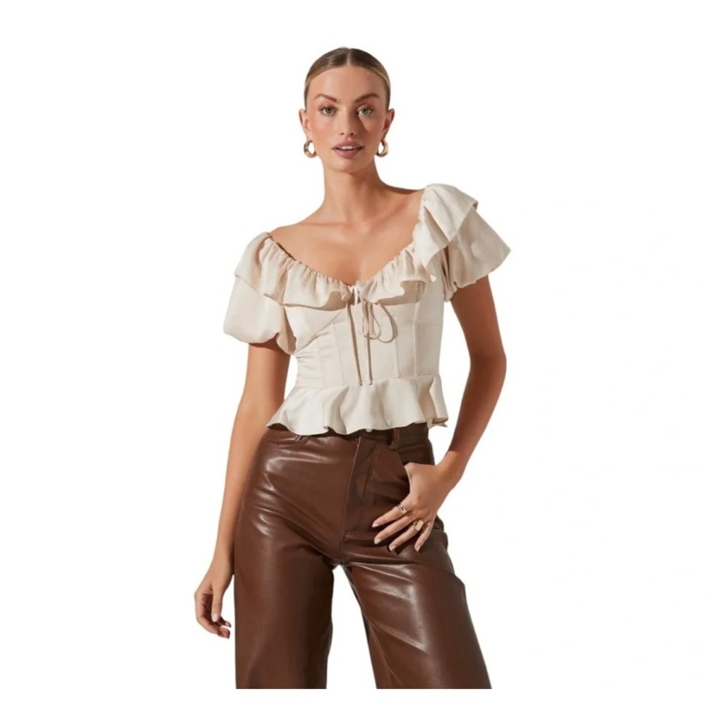 Astr The Label Cream Romantic Satin Bubble Sleeve Top